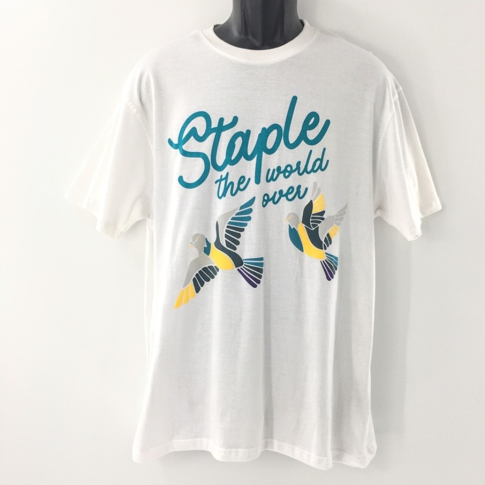 Staples Mens T-Shirt White Cotton Staple The World Over Pigeon Logo Sz L